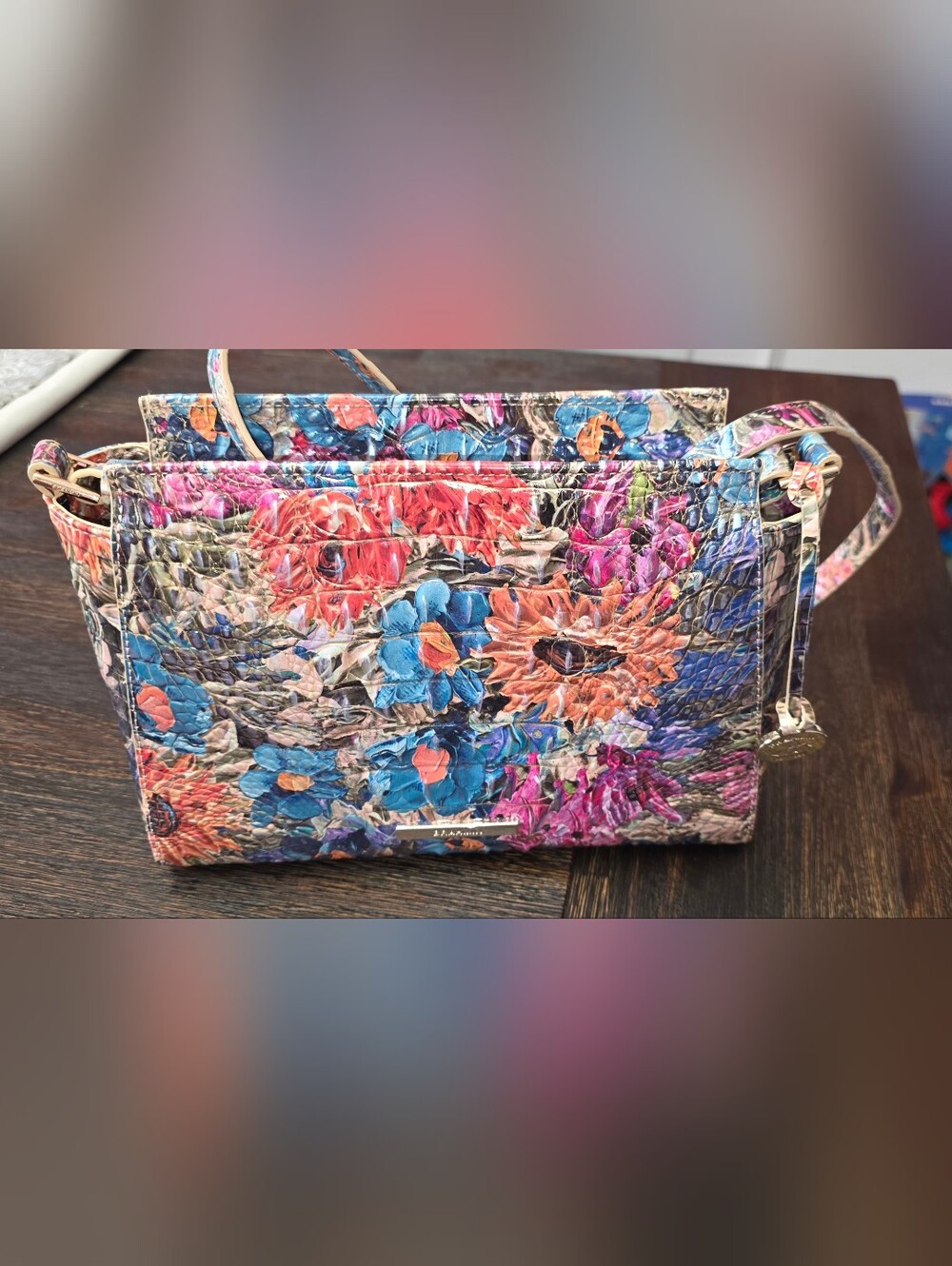 Brahmin HILARY Multicolor Floral Croc-Embossed Crossbody - Pink, Blue, Orange - Picture 1 of 9